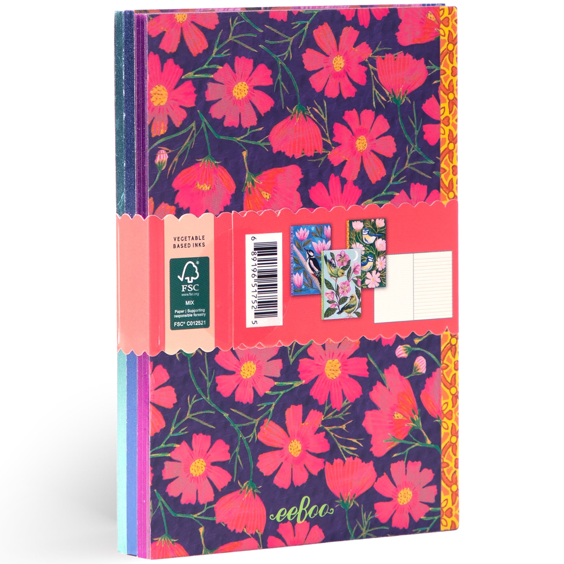 Piece & Love Little Books Set with colorful floral design featuring pink cosmos flowers on navy background