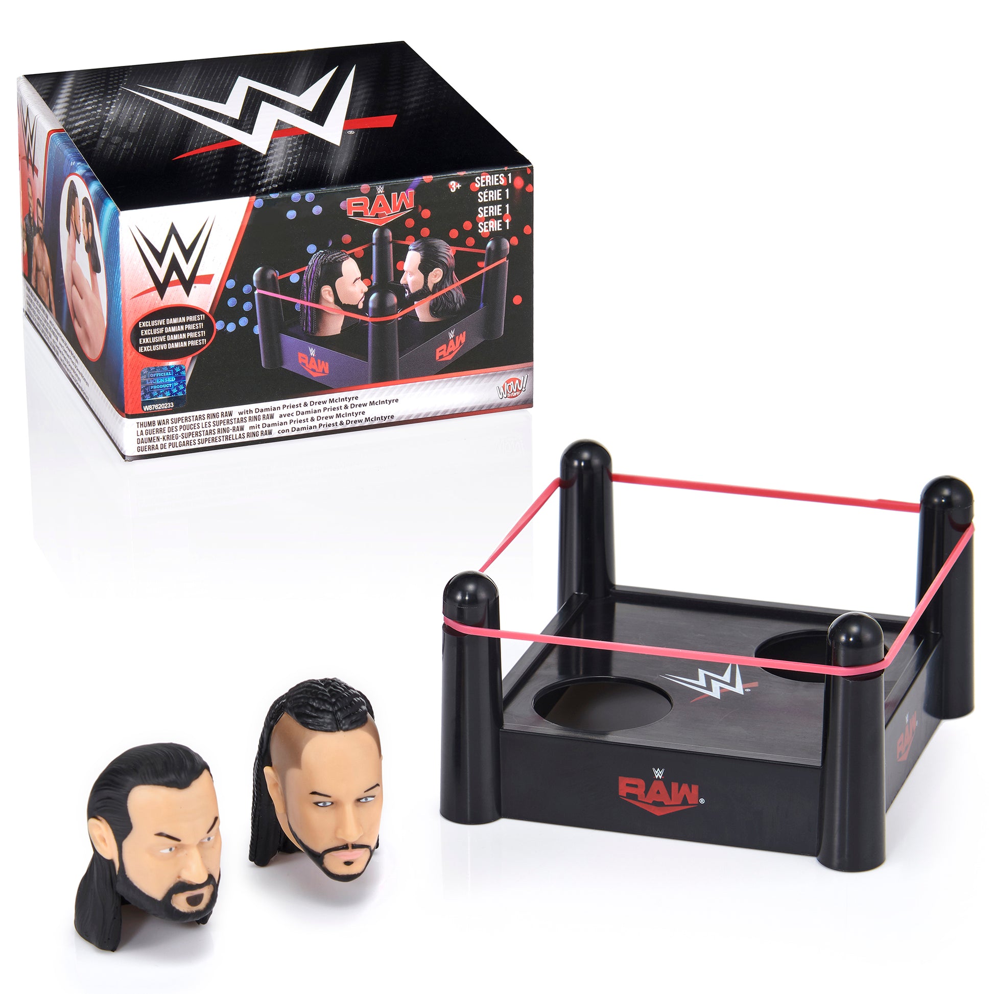 WWE Thumb War Drew McIntyre vs Damian Priest Arena Battle Set with black and red wrestling ring, two character head figures, and original packaging