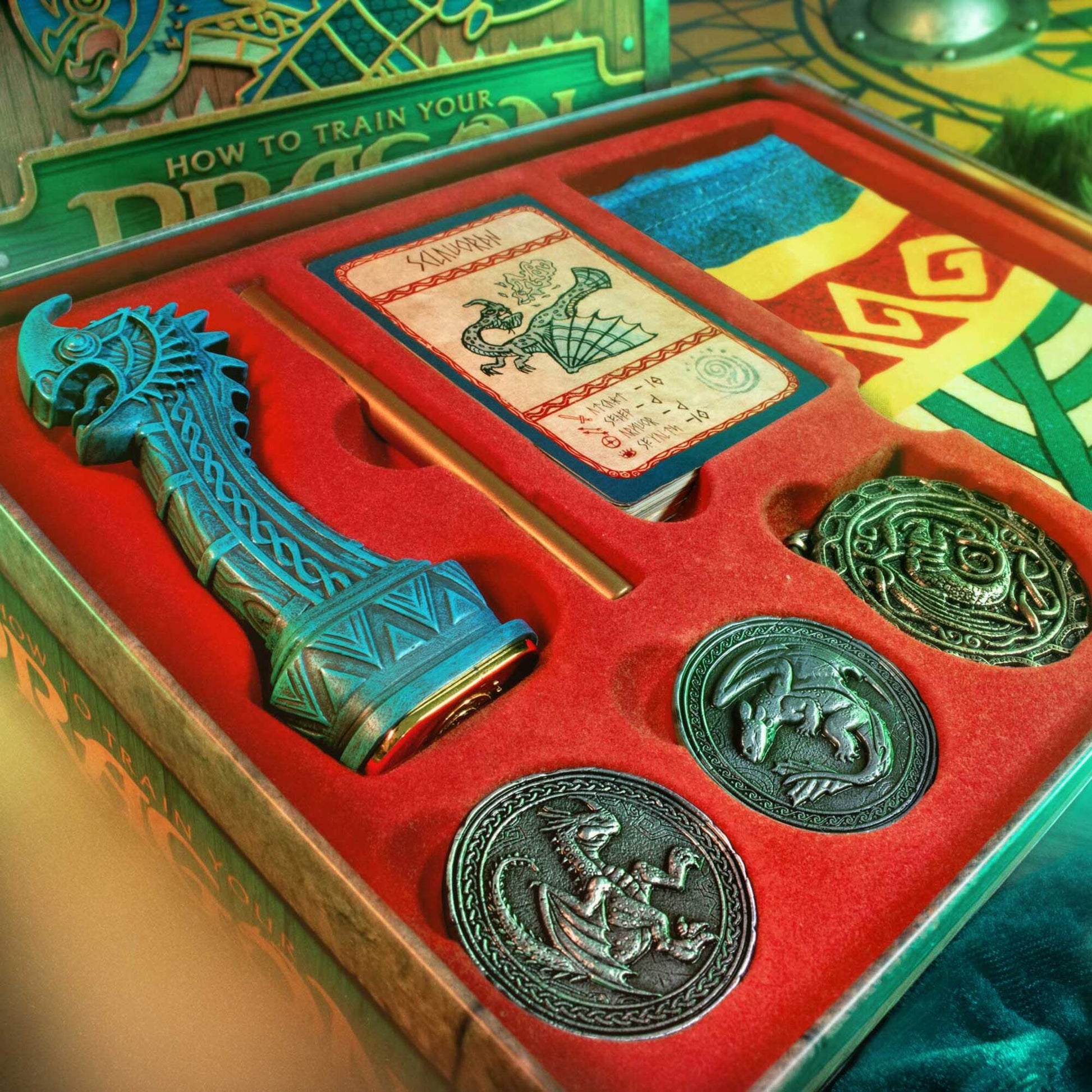 How To Train Your Dragon Hiccup's Memories set with blue dragon toy, coins, and scrolls