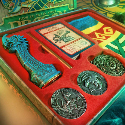 How To Train Your Dragon Hiccup's Memories set with blue dragon toy, coins, and scrolls