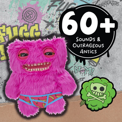 Fugglers Mr. Buttons pink plush toy with fuzzy fur, large eyes, and creepy smile