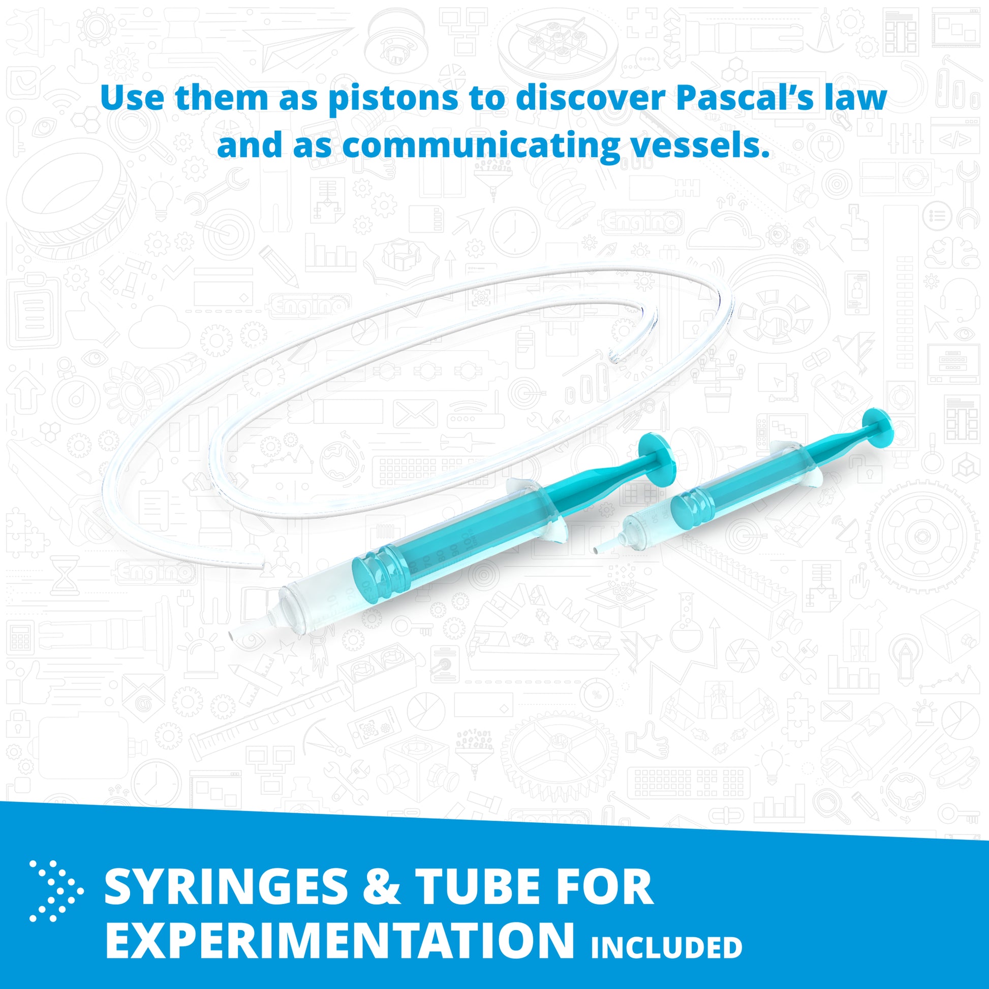 Engino Fluid Dynamics set with blue syringes and tube for hydraulics experiments