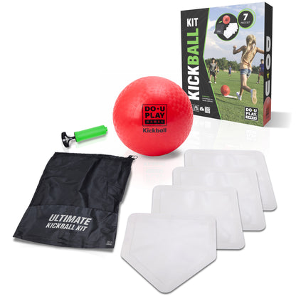 Do-U-Play Kickball Kit 7-piece set with red ball, pump, mesh bag, and white bases