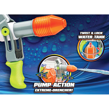 Water Blaster Shock Wave pump action water gun with orange tank and lime green handle
