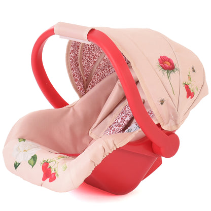 Roma RHS Flora Doll Car Seat with red frame, pink fabric hood, floral print, and harness