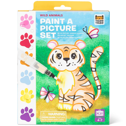Tiger Tribe Wild Animals Paint a Picture Set with tiger illustration and colorful paw print palette