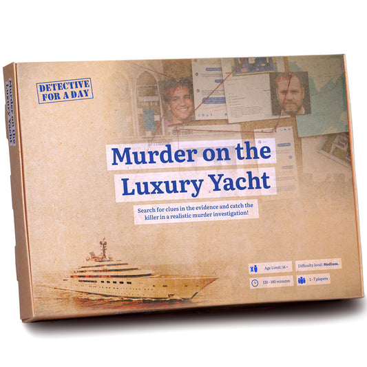 Detective For A Day Murder on the Luxury Yacht board game box with investigation clues and yacht imagery