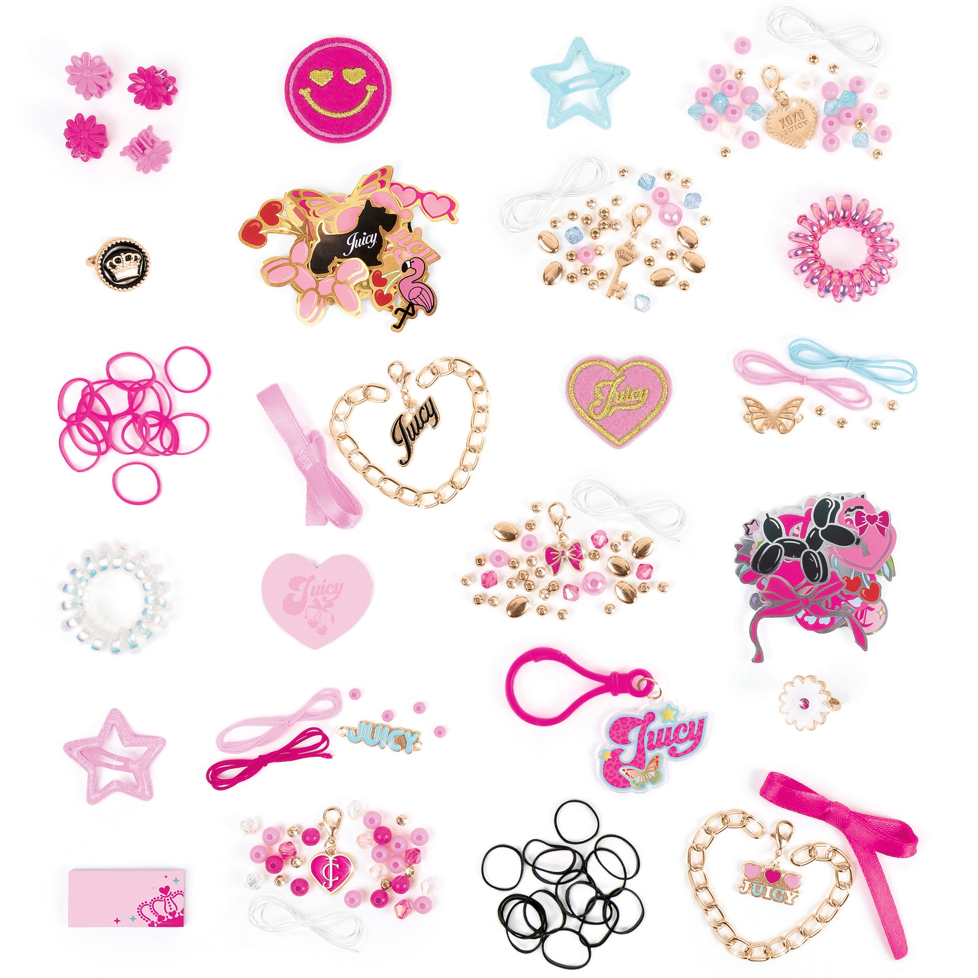 Juicy Couture Countdown Calendar with 204 pieces including jewelry, hair accessories, and patches in pink and gold