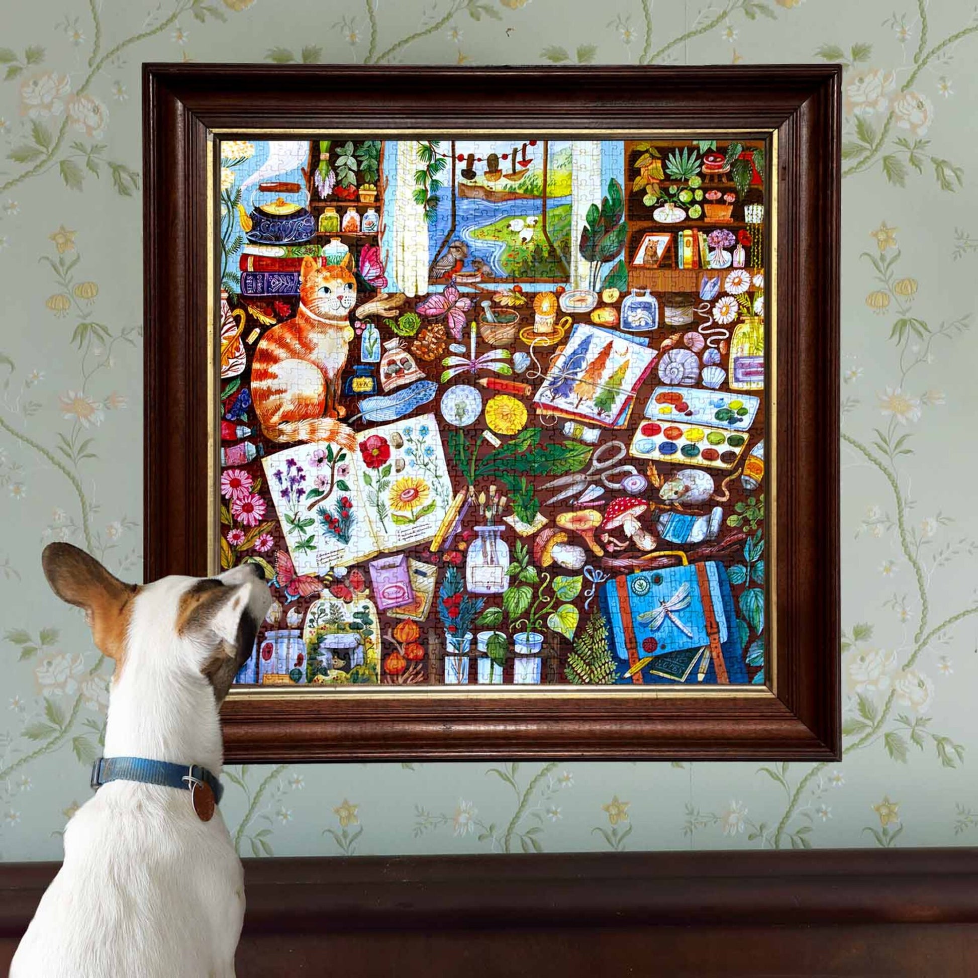 Piece&Love Naturalist's Cat 1000 piece jigsaw puzzle featuring colorful garden and art supplies with orange tabby cat