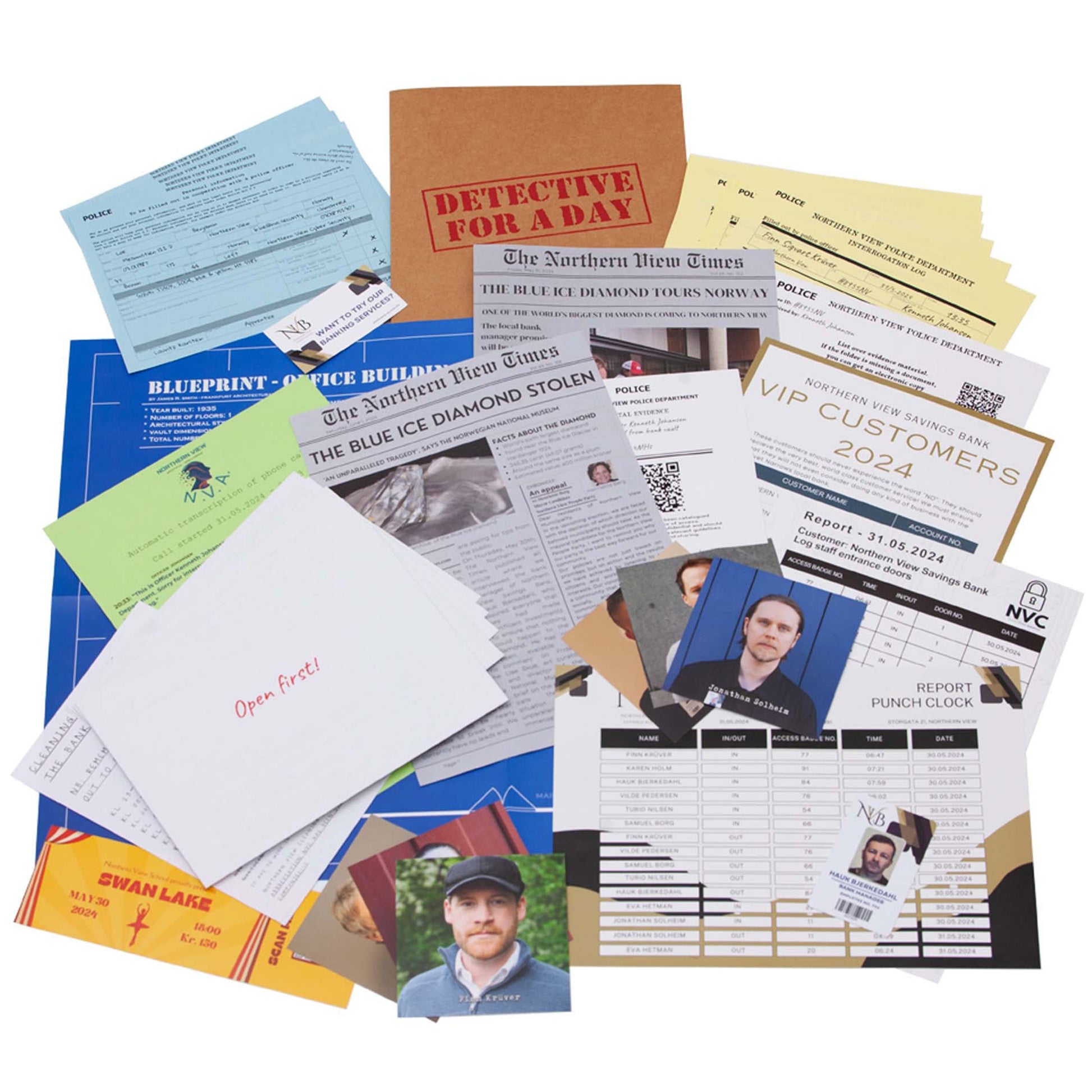 Detective For A Day Bank Robbery game with newspaper clippings, police reports, and investigation documents
