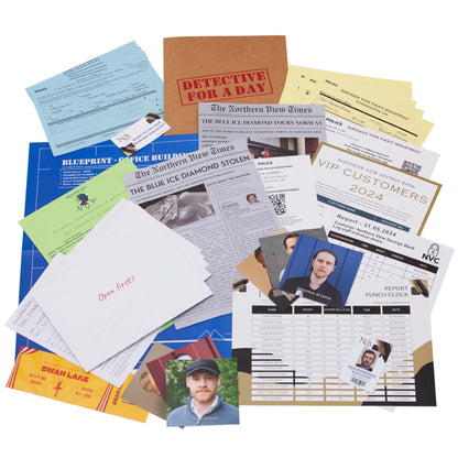 Detective For A Day Bank Robbery game with newspaper clippings, police reports, and investigation documents