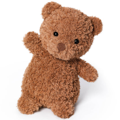 McHugs Swiss Roll Bear 7-inch plush toy, tan brown bear with black eyes and nose, sitting upright against white backg...