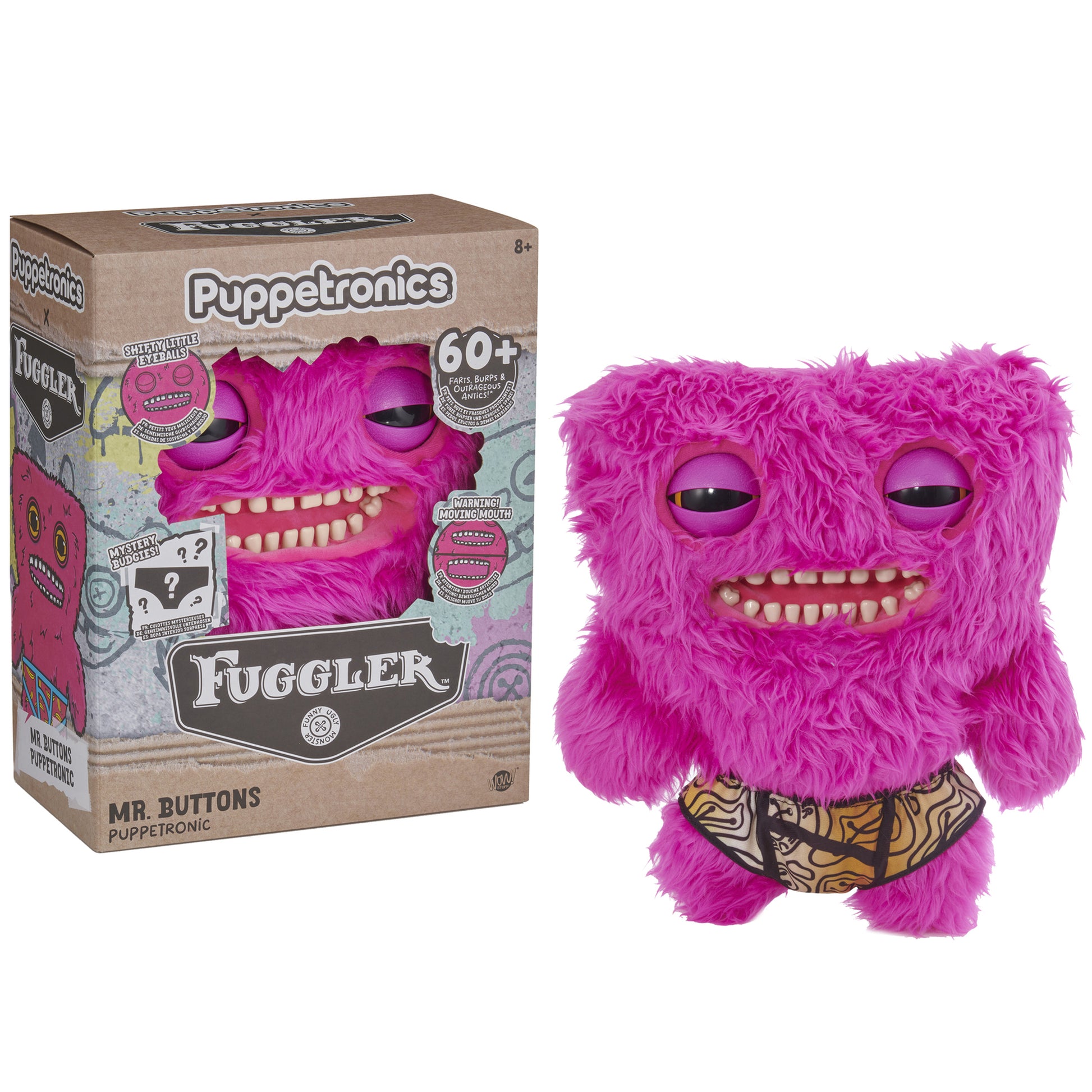 Fugglers Mr. Buttons pink plush toy with large eyes and teeth smile