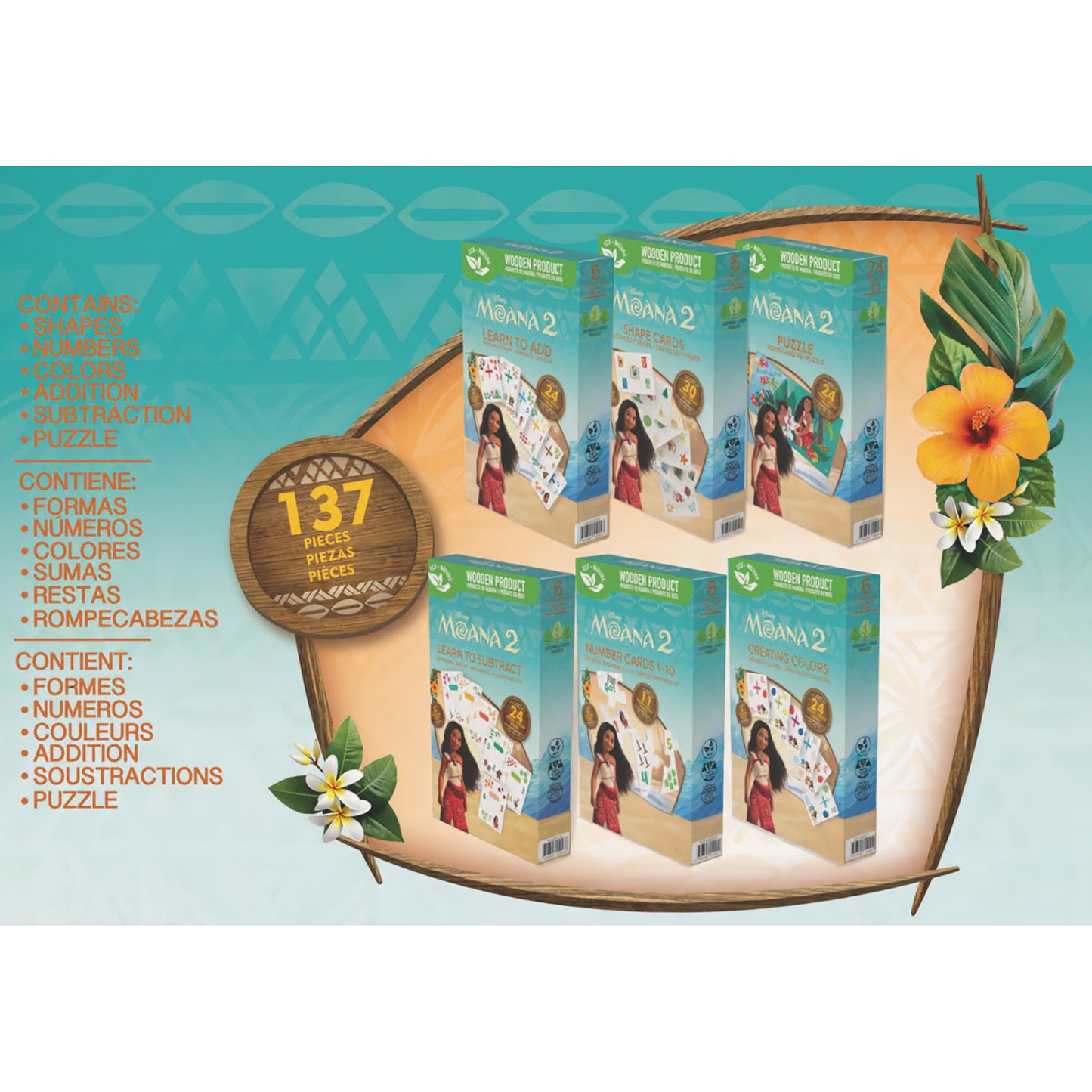 Disney Moana 2 Set of 6 Learning Games with 137 wooden puzzle pieces and educational activities