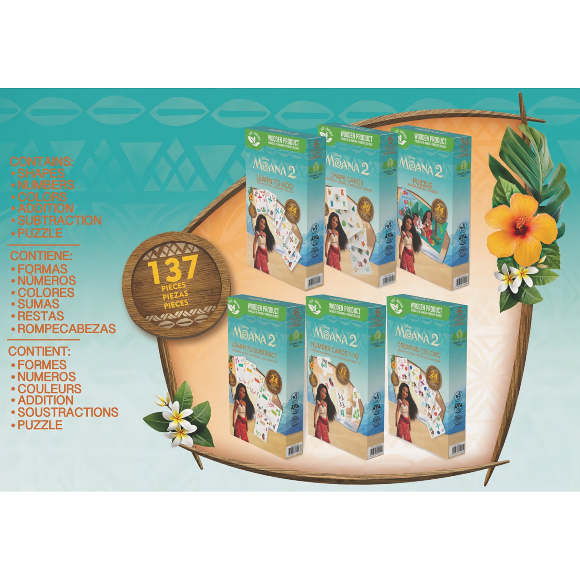 Disney Moana 2 Set of 6 Learning Games with 137 wooden puzzle pieces and educational activities