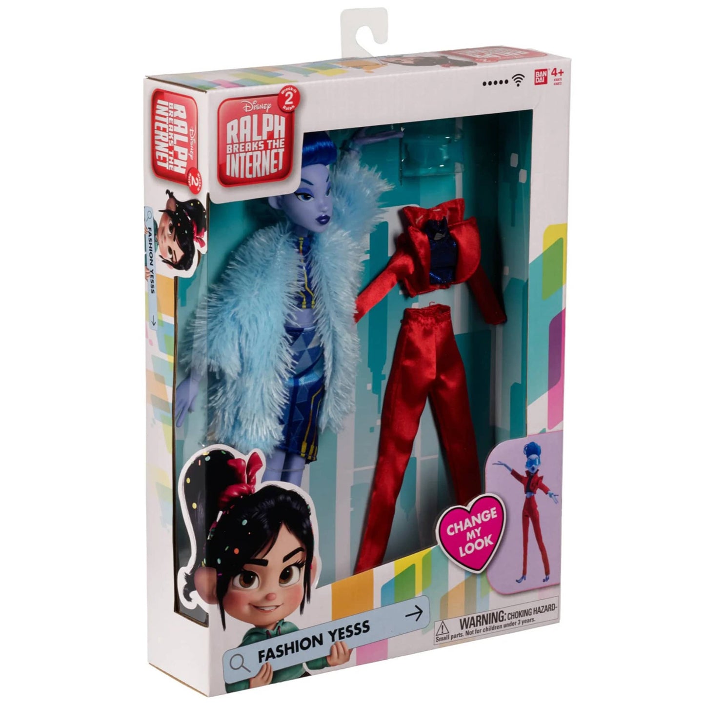 Bandai Wreck It Ralph 2 Fashion Yesss doll in packaging, 11 inches, with blue fur stole and red outfit, includes interchangeable clothing pieces