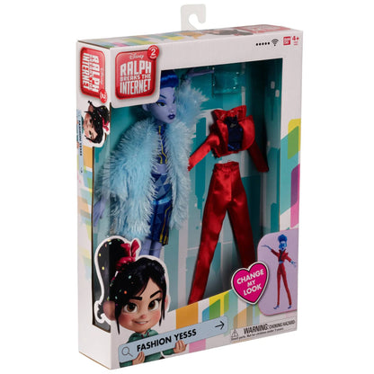 Bandai Wreck It Ralph 2 Fashion Yesss doll in packaging, 11 inches, with blue fur stole and red outfit, includes interchangeable clothing pieces