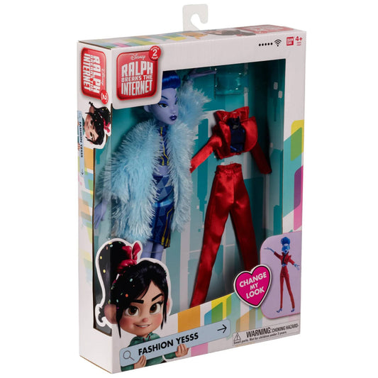 Bandai Wreck It Ralph 2 Fashion Yesss doll in packaging, 11 inches, with blue fur stole and red outfit, includes interchangeable clothing pieces
