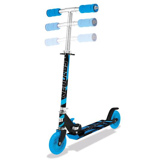 Ozbozz Nebulus Stars scooter with blue wheels and black deck, featuring adjustable handlebars with blue grips and front steering mechanism