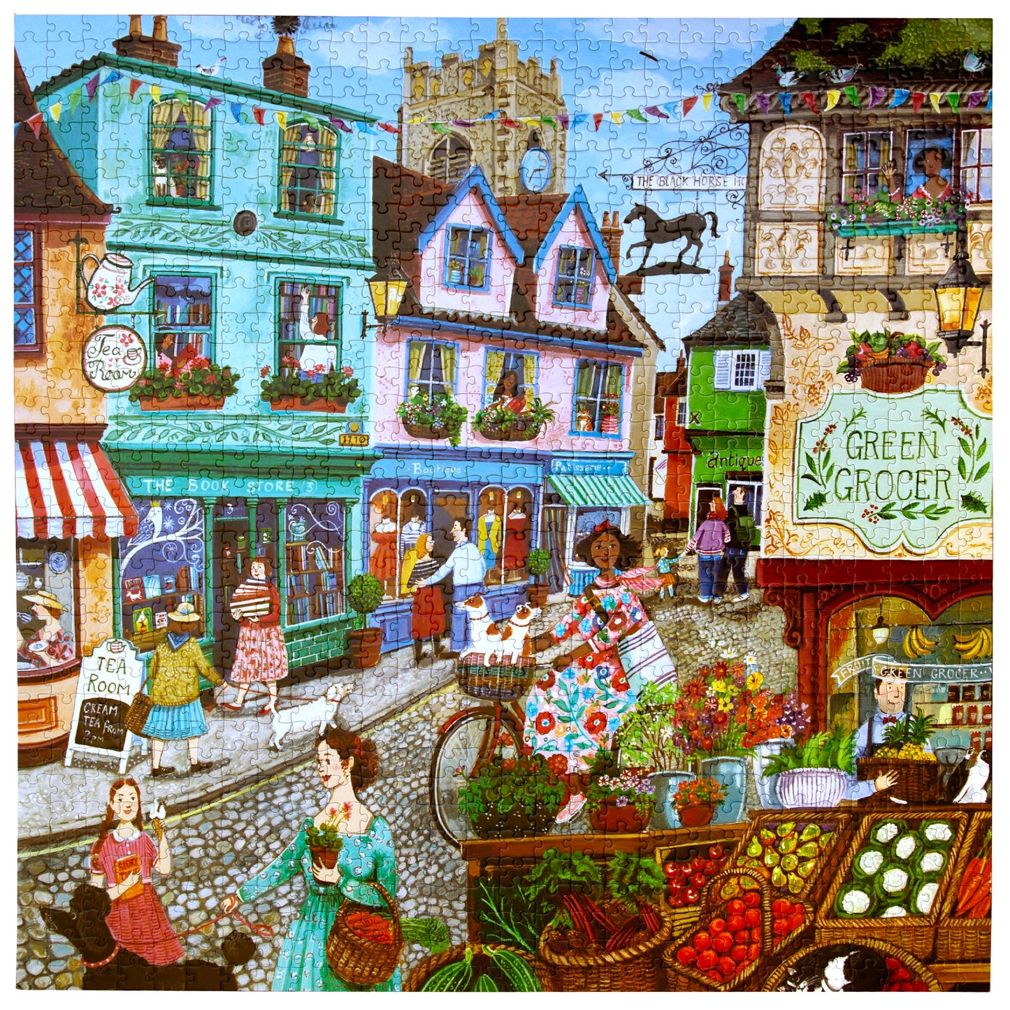 eeBoo Piece & Love Village By The Sea 1000-piece puzzle featuring colorful cottages, shops, and townspeople