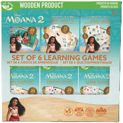 Disney Moana 2 Set of 6 Wooden Learning Games with number, shape, addition and subtraction cards