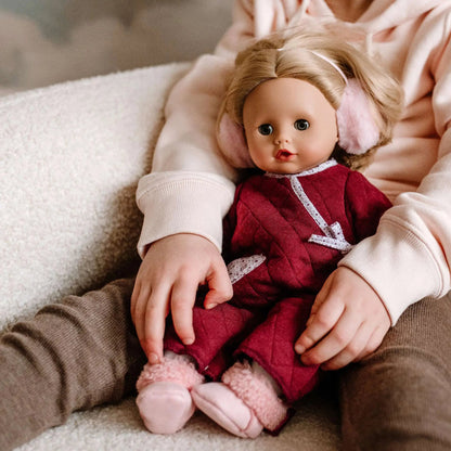 Jubilee Muffin Doll 13 inch soft doll with blonde hair wearing red outfit