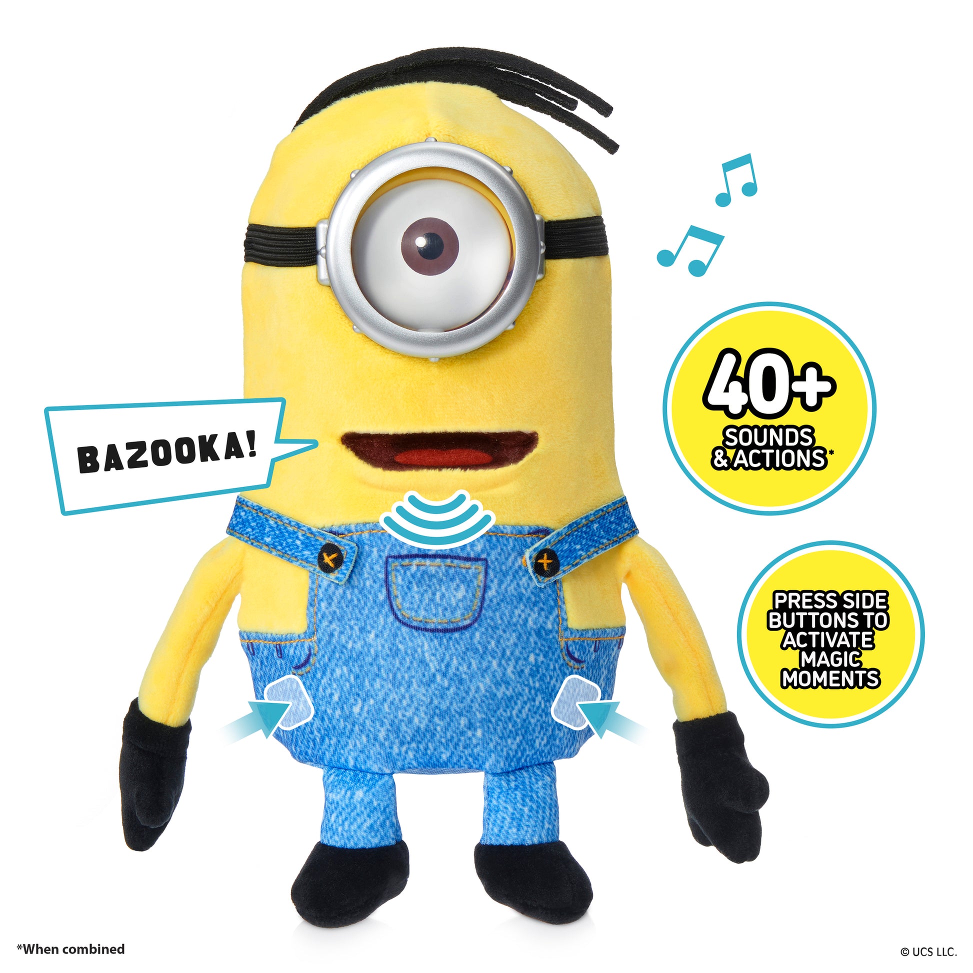 Minions Palm Puppetronic Dick toy with yellow body, blue overalls, 40+ sounds and actions