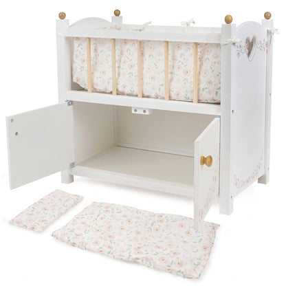 509 Crew Little Flora 2-in-1 wooden doll cabinet bed with white finish and floral bedding