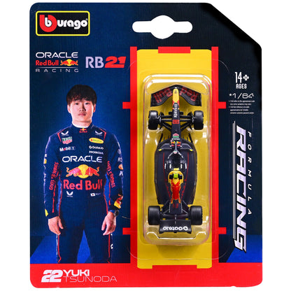 Bburago 1:64 Red Bull RB21 diecast race car with Yuki Tsunoda driver photo on collector blister card packaging
