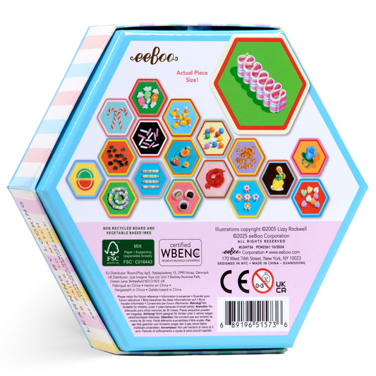 eeBoo Candy Carnival Memory Matching Game box showing hexagonal game pieces with colorful candy and sweets designs on blue hexagonal tiles