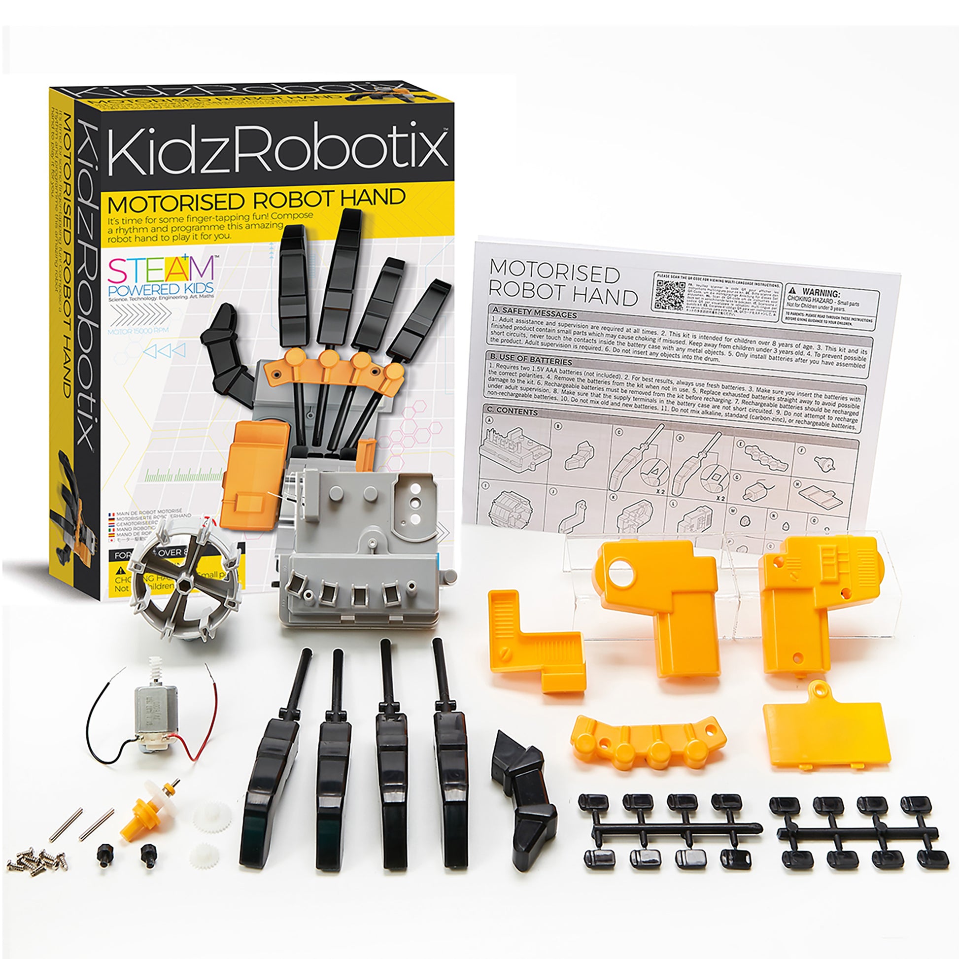 KidzRobotix Motorised Robot Hand STEAM kit with orange and black motorized fingers and control base