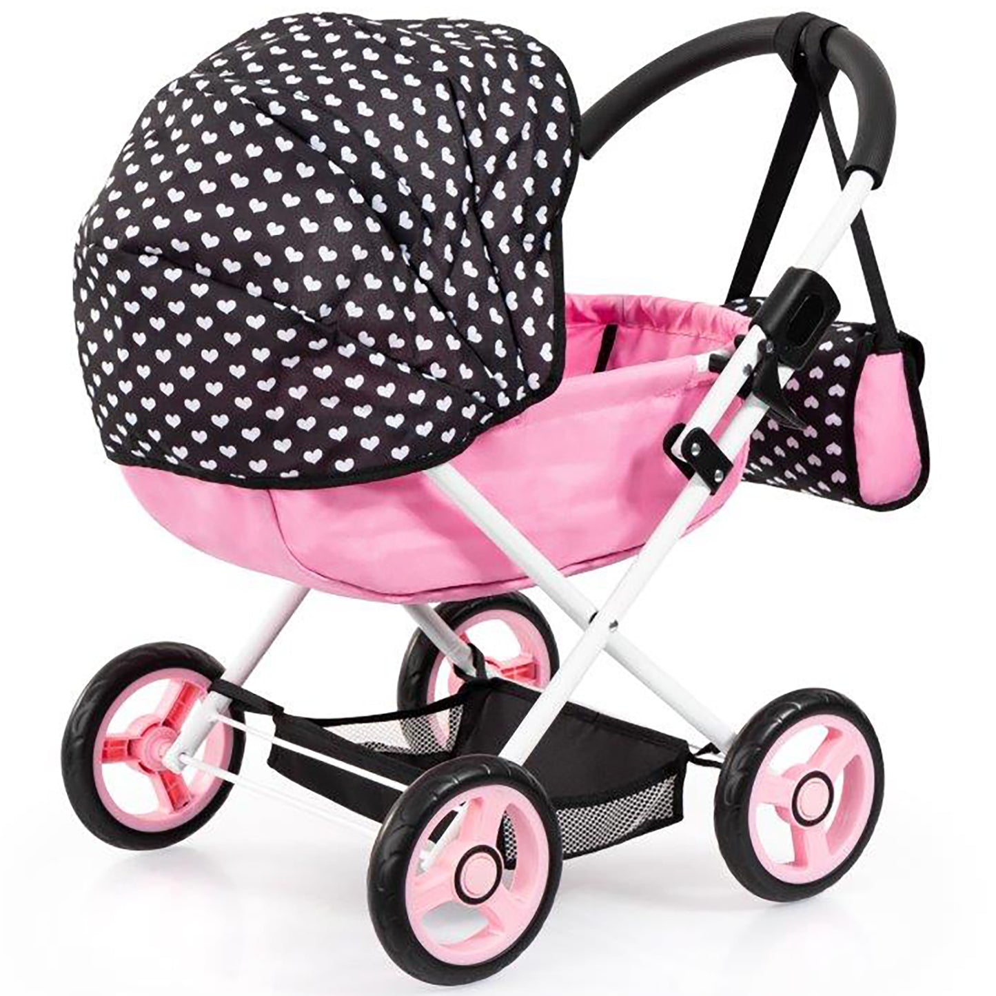 Bayer Design Dolls Pram Cosy with black heart pattern, pink fabric, and matching pink wheels