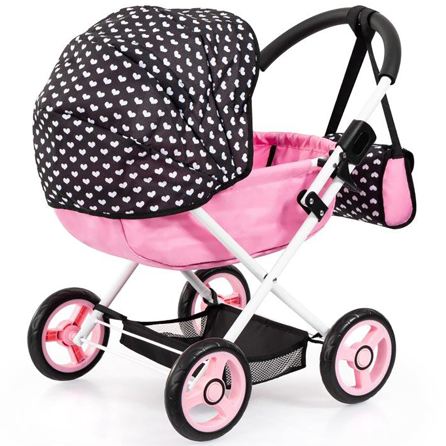 Bayer Design Dolls Pram Cosy with black heart pattern, pink fabric, and matching pink wheels