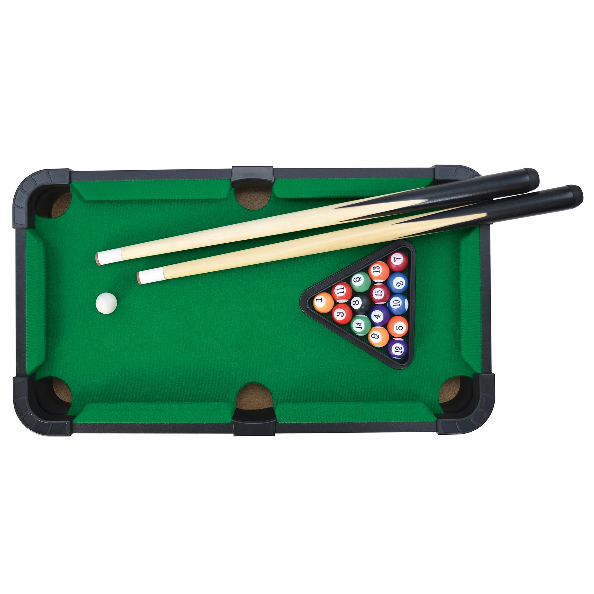 Mini tabletop pool set with green felt surface, black frame, two cue sticks, white cue ball, and numbered billiard balls in triangle rack