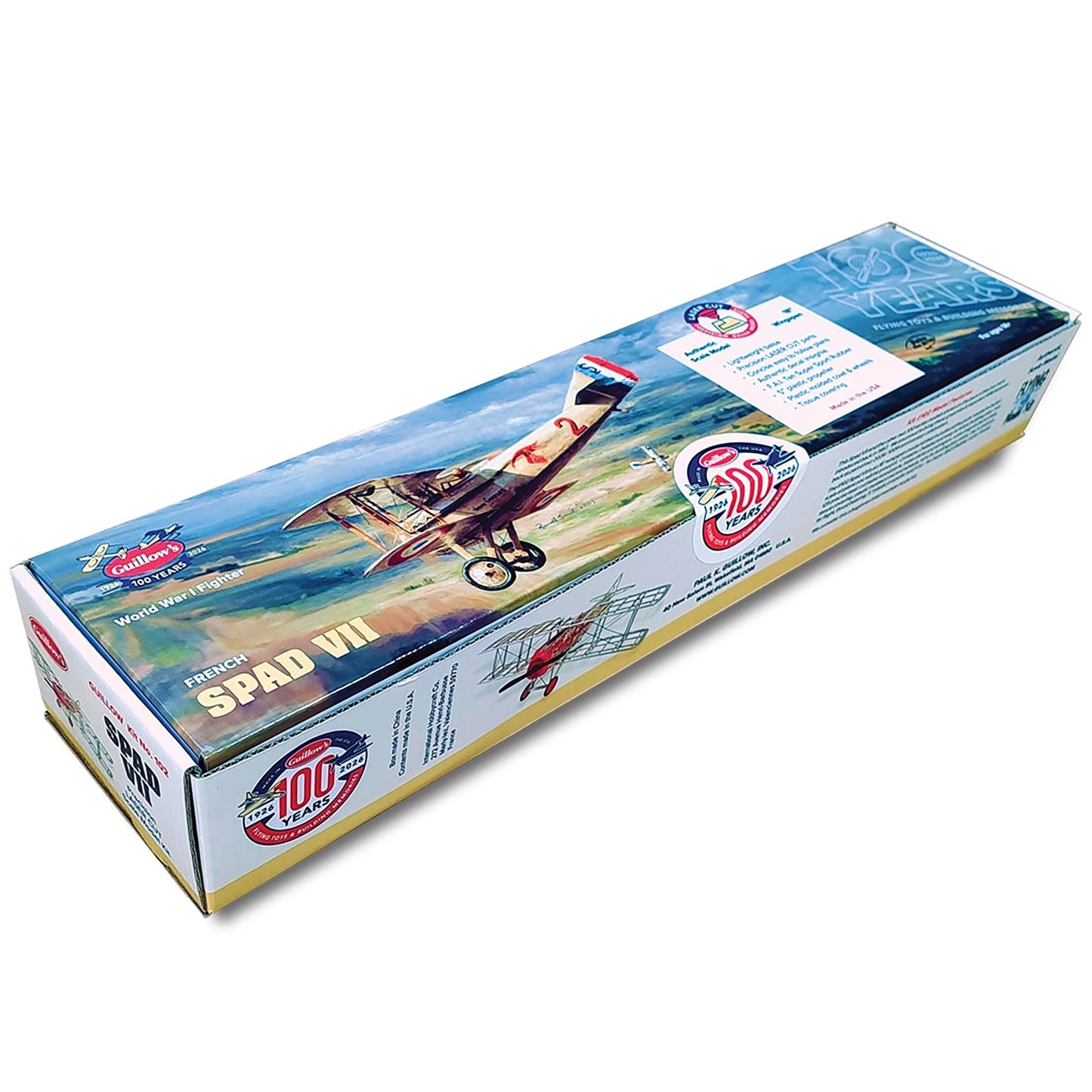 Guillows 100th Anniversary Spad VII World War I Airplane Model Kit with blue box packaging
