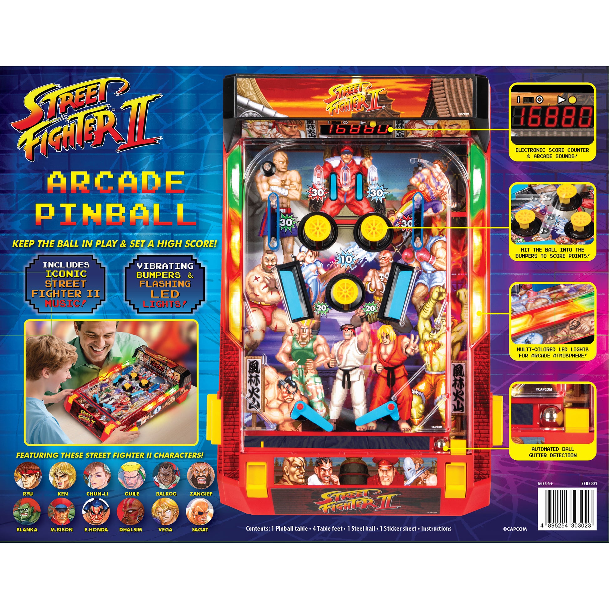 Street Fighter II Arcade Pinball Premium Series with yellow flippers, LED lights, and character artwork