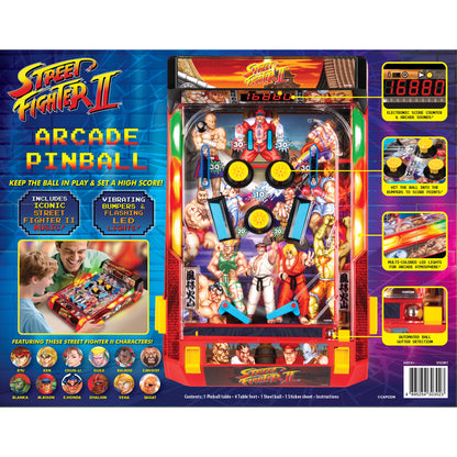 Street Fighter II Arcade Pinball Premium Series with yellow flippers, LED lights, and character artwork