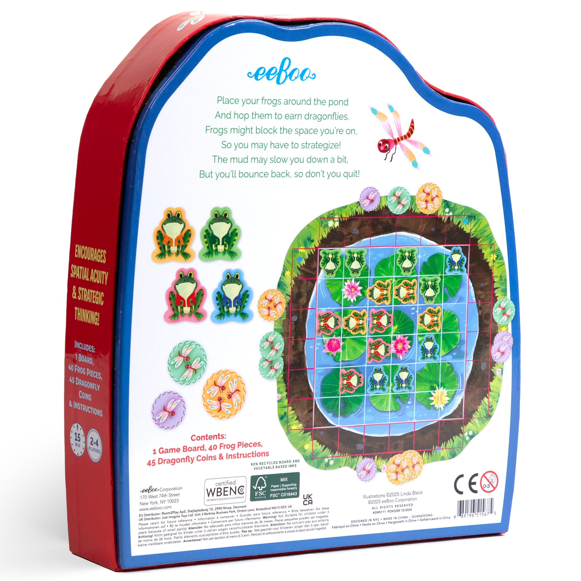 Eeboo Frog Hopkins board game box showing game board with pond and lily pad grid, colorful frog game pieces, dragonfly coins, and instructions