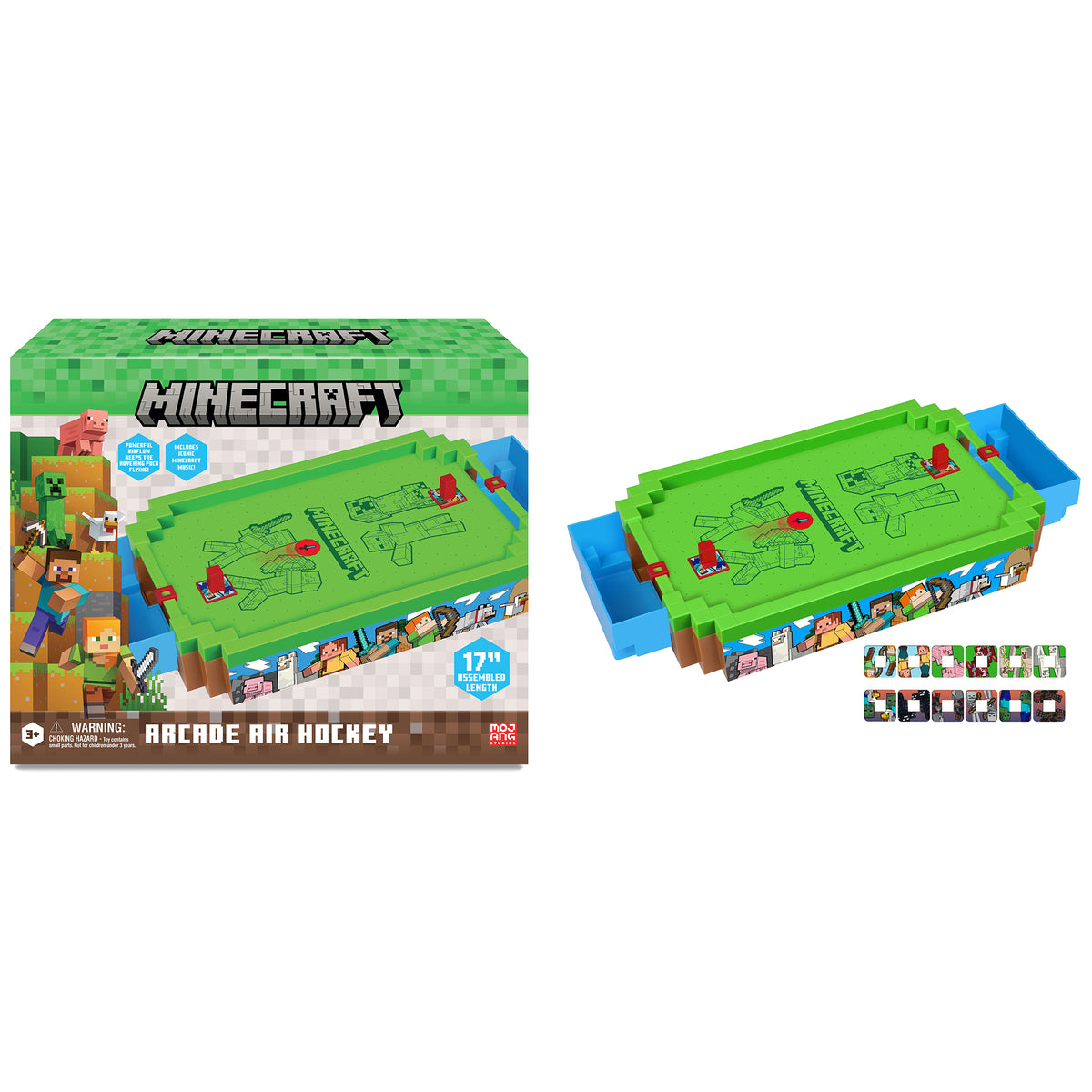 Minecraft Arcade Air Hockey game with green playing surface, blue end zones, red pushers, and character pusher covers...