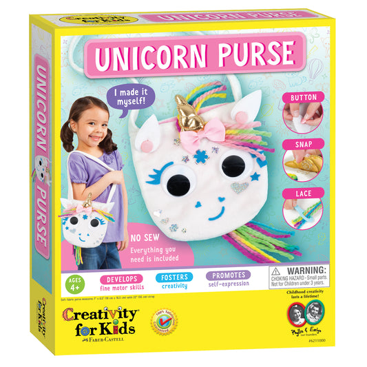 Unicorn Purse craft kit by Creativity for Kids showing white plush unicorn purse with gold horn, rainbow mane, and decorative elements modeled by a child, with