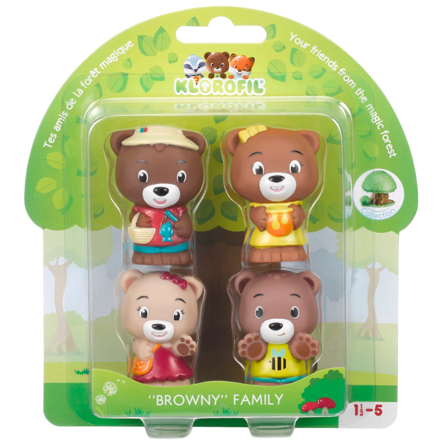 Browny Family four-pack figures featuring brown and tan bear characters with different colored outfits in clear plastic packaging with green forest-themed backg
