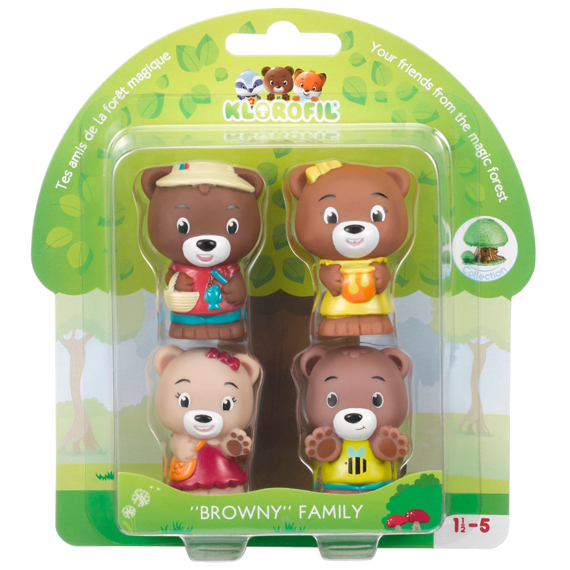 Browny Family four-pack figures featuring brown and tan bear characters with different colored outfits in clear plastic packaging with green forest-themed backg