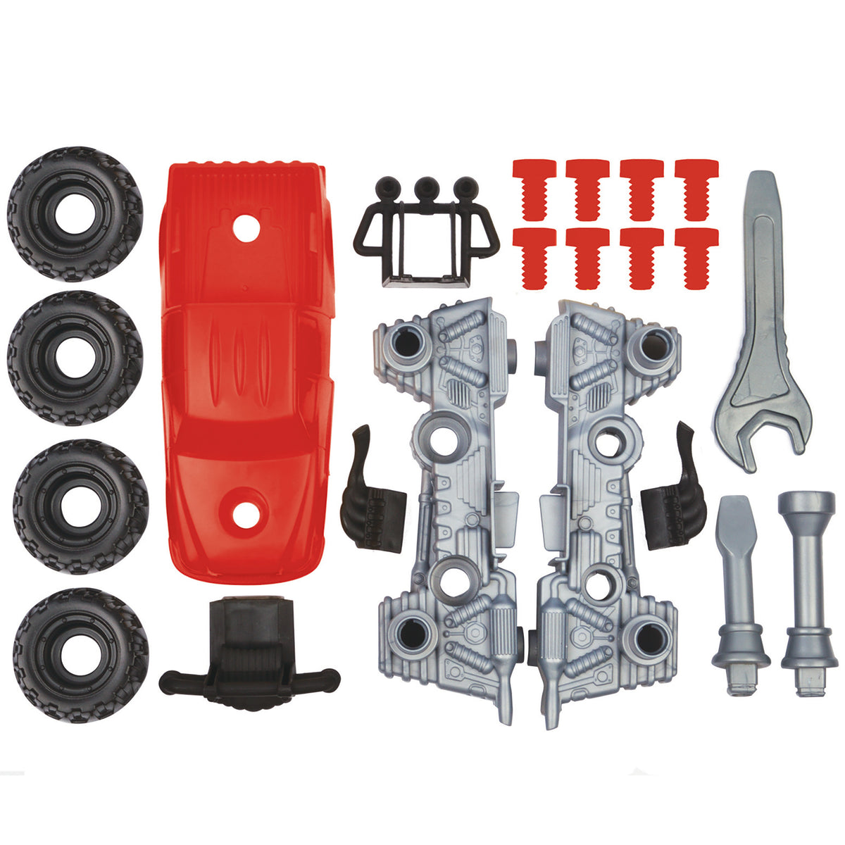 Tool Tech Take Apart Truck & Power Drill STEM Building Set with red truck body, gray drill with bits, wheels, and acc...