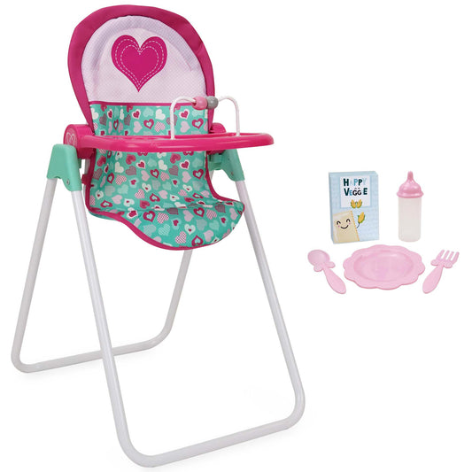 509 Crew Mint Heart Doll Highchair with feeding accessories and bottle