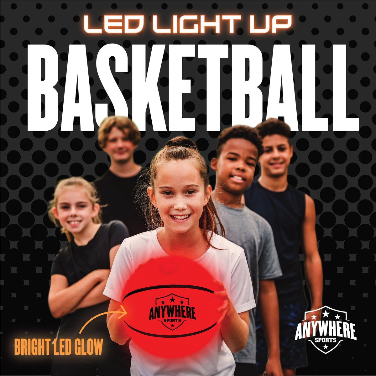 LED Light-Up Basketball with bright red glow, shown being held by a smiling girl with group of kids behind her