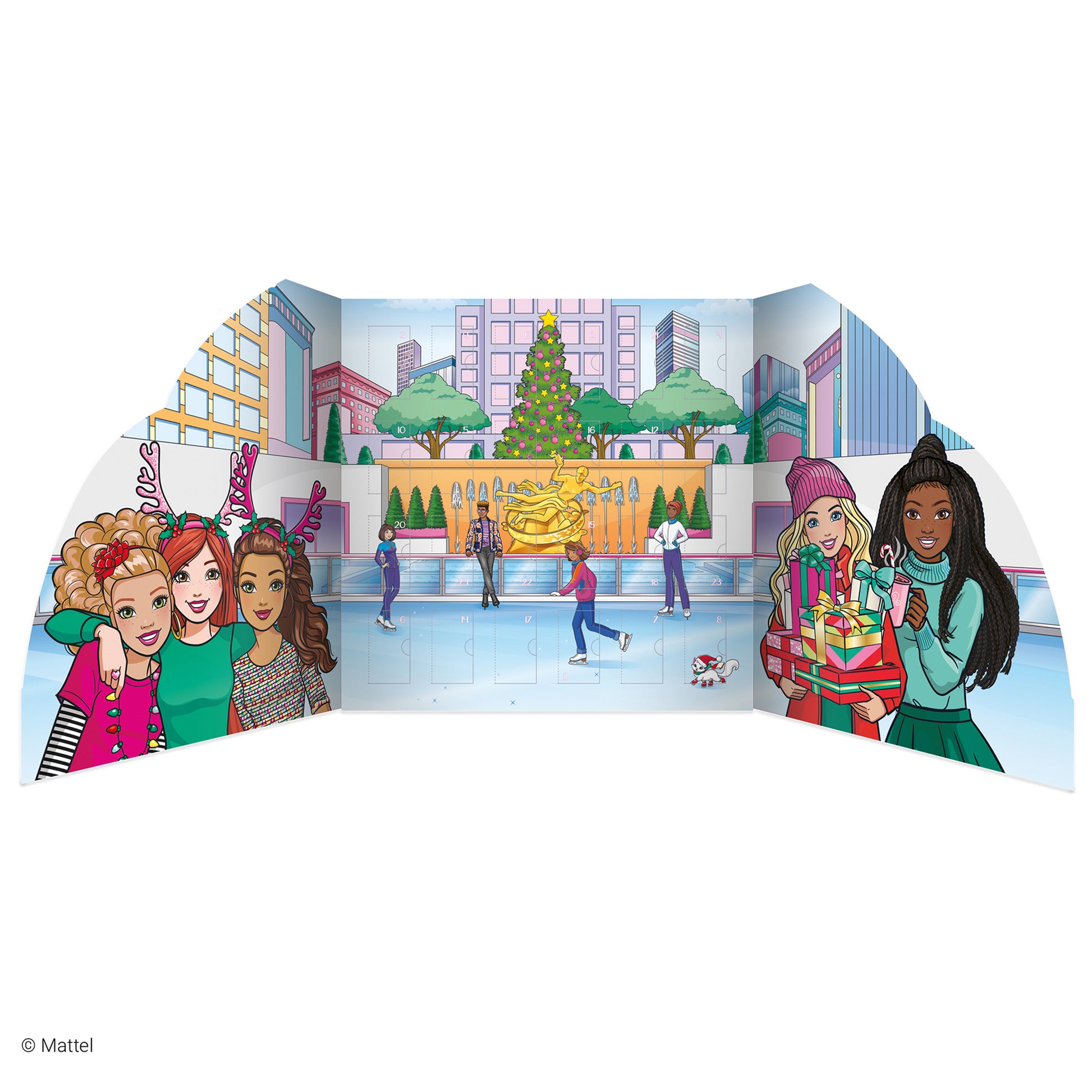 Barbie Sticker Book Advent Calendar 24-door display stand with ice skating scene