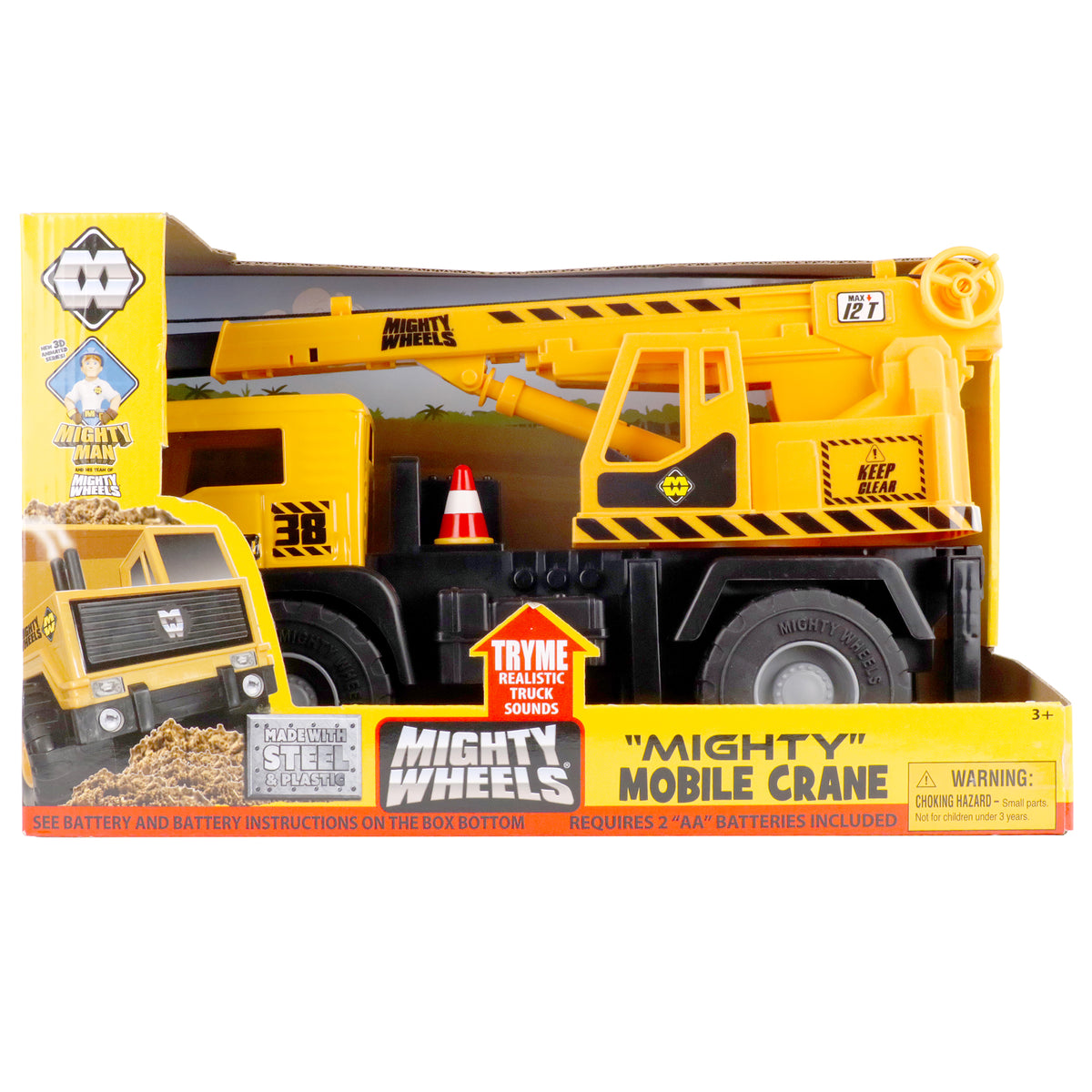 Mighty Wheels 16" Mobile Crane yellow construction vehicle with extending boom arm, includes traffic cone accessory, in retail packaging