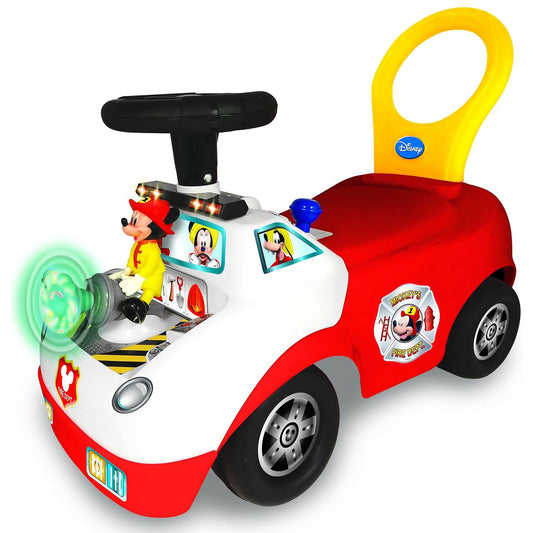 Mickey Mouse Activity Fire Truck ride-on with red body, yellow handle, black steering wheel, lights, and sound effects