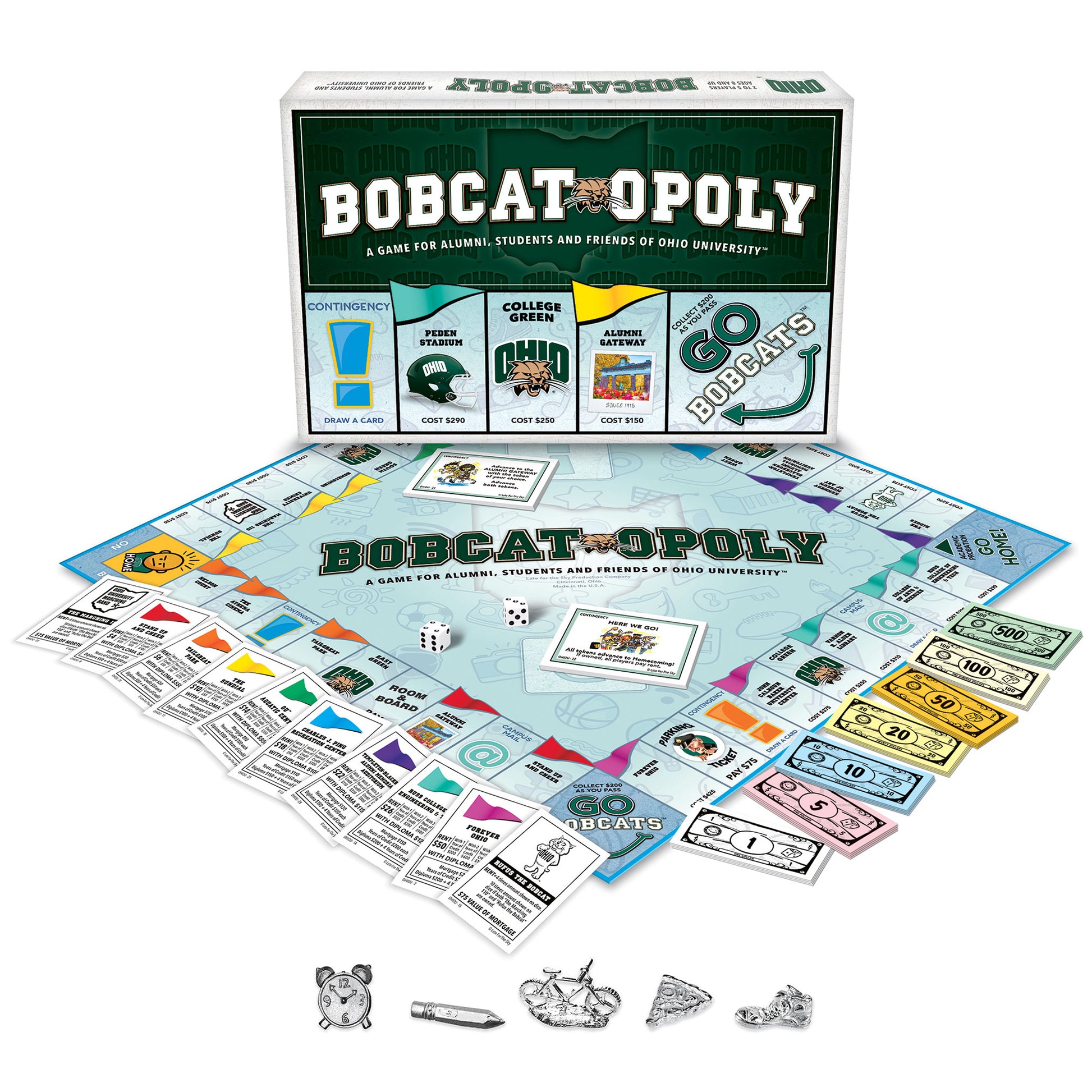 Bobcat-Opoly Ohio University board game with game board, player tokens, dice, colorful money, and property cards disp...