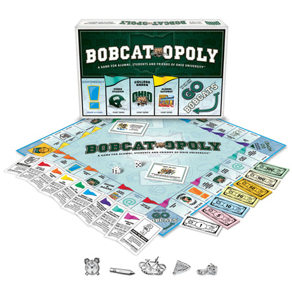 Bobcat-Opoly Ohio University board game with game board, player tokens, dice, colorful money, and property cards disp...